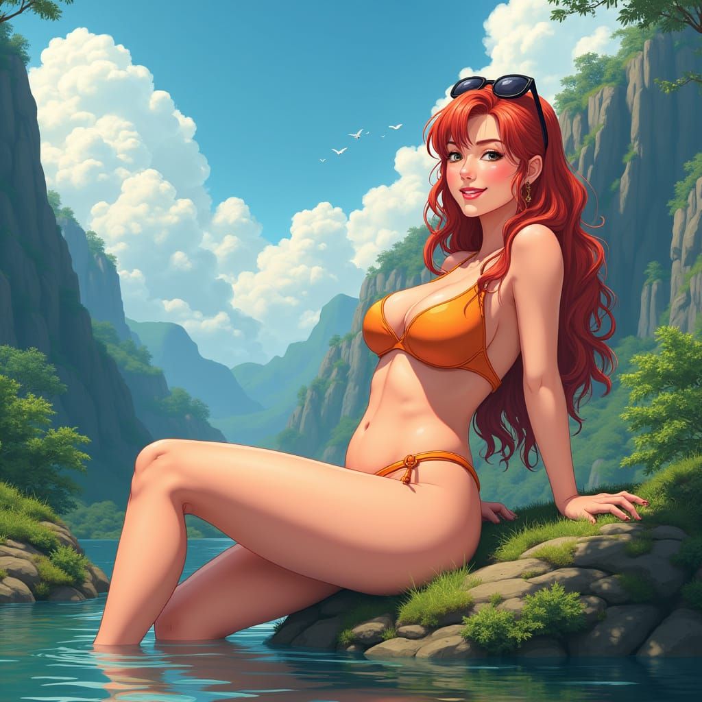 Confident Redhead Reclines in Serene Mossy Glen with Mountai...