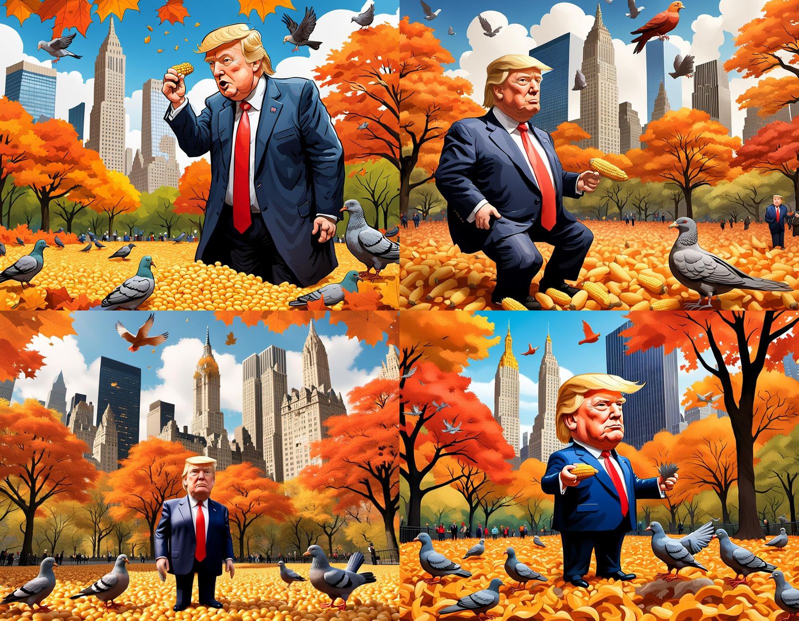 Cartoon 3D Caricature: Trump Feeding Pigeons in Central Park