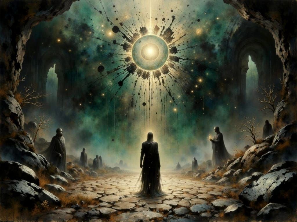 Dark Fantasy Warrior at Rune Altar in Eerie Mist