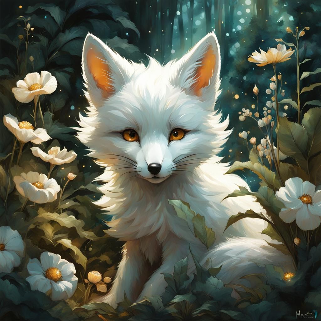 Adorable Magical Fox in Whimsical Night Garden