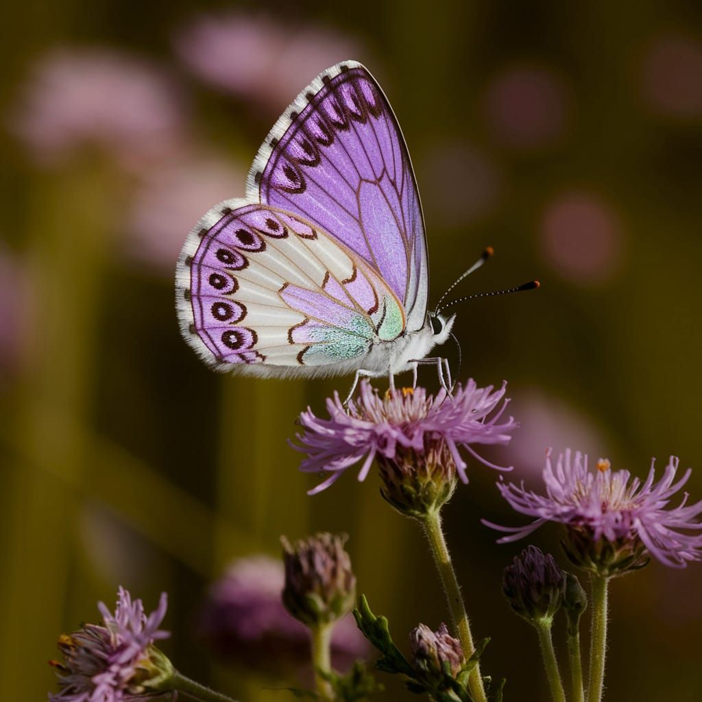 Ethereal Purple Butterfly in Vibrant Floral Landscape