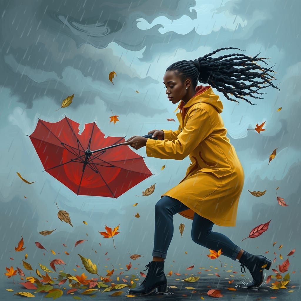 Stylized Painting of Woman in Stormy Autumn Weather