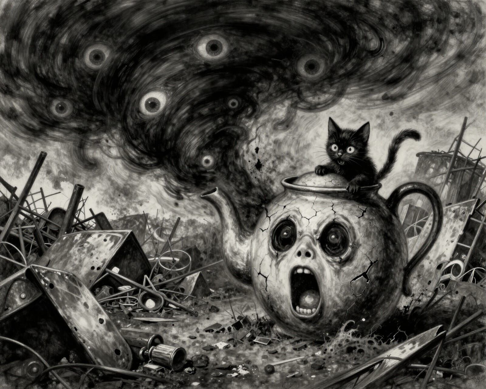 Terrified Teapot in Tornado by Alfred Kubin Style