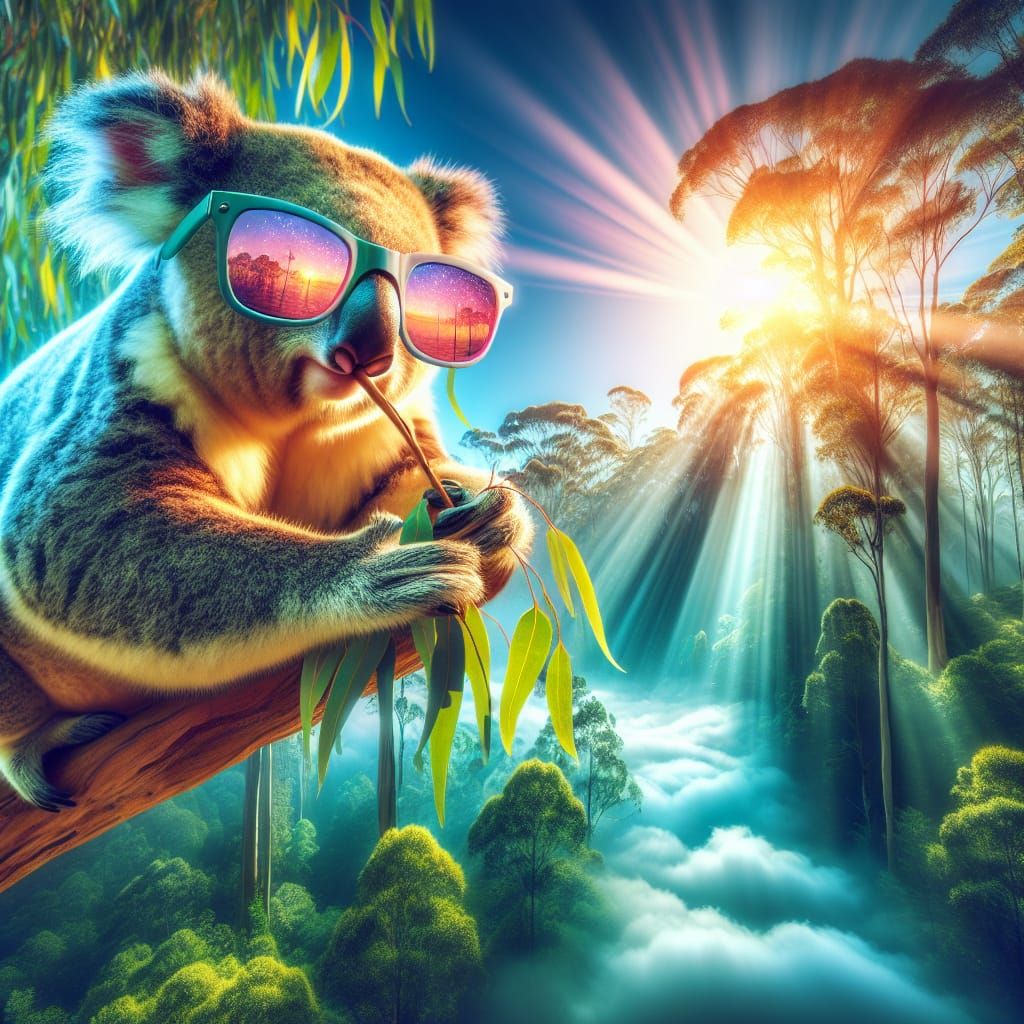 Koala in Sunglasses Enjoying Eucalyptus in Forest