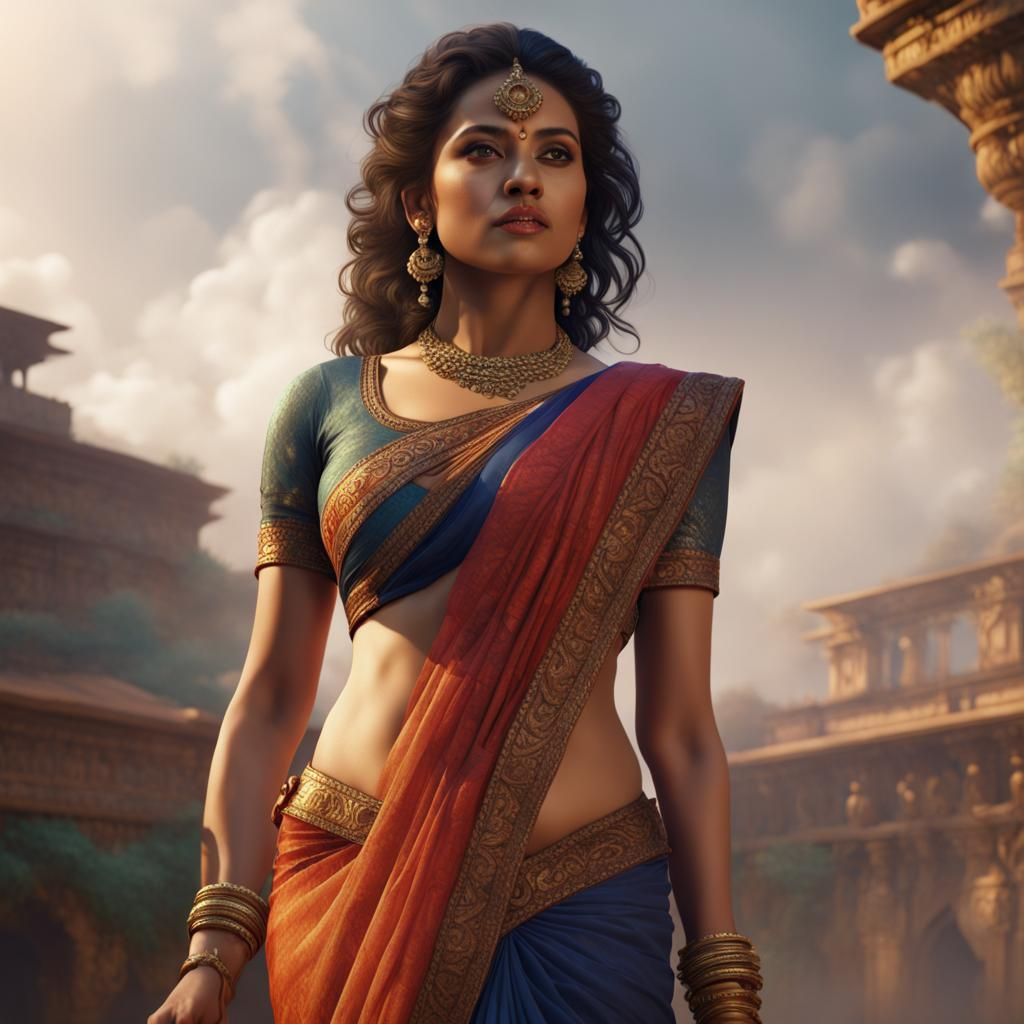 Woman in Saree: Detailed Matte Painting in Deep Color