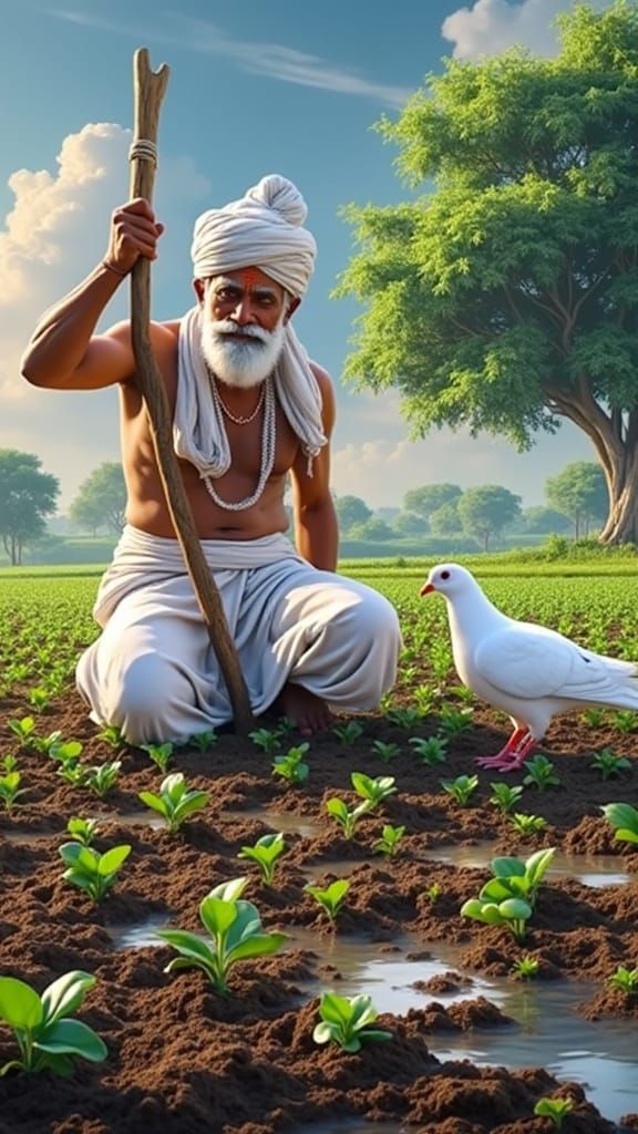 Elderly Indian Farmer in Traditional Attire Works the Lush G...