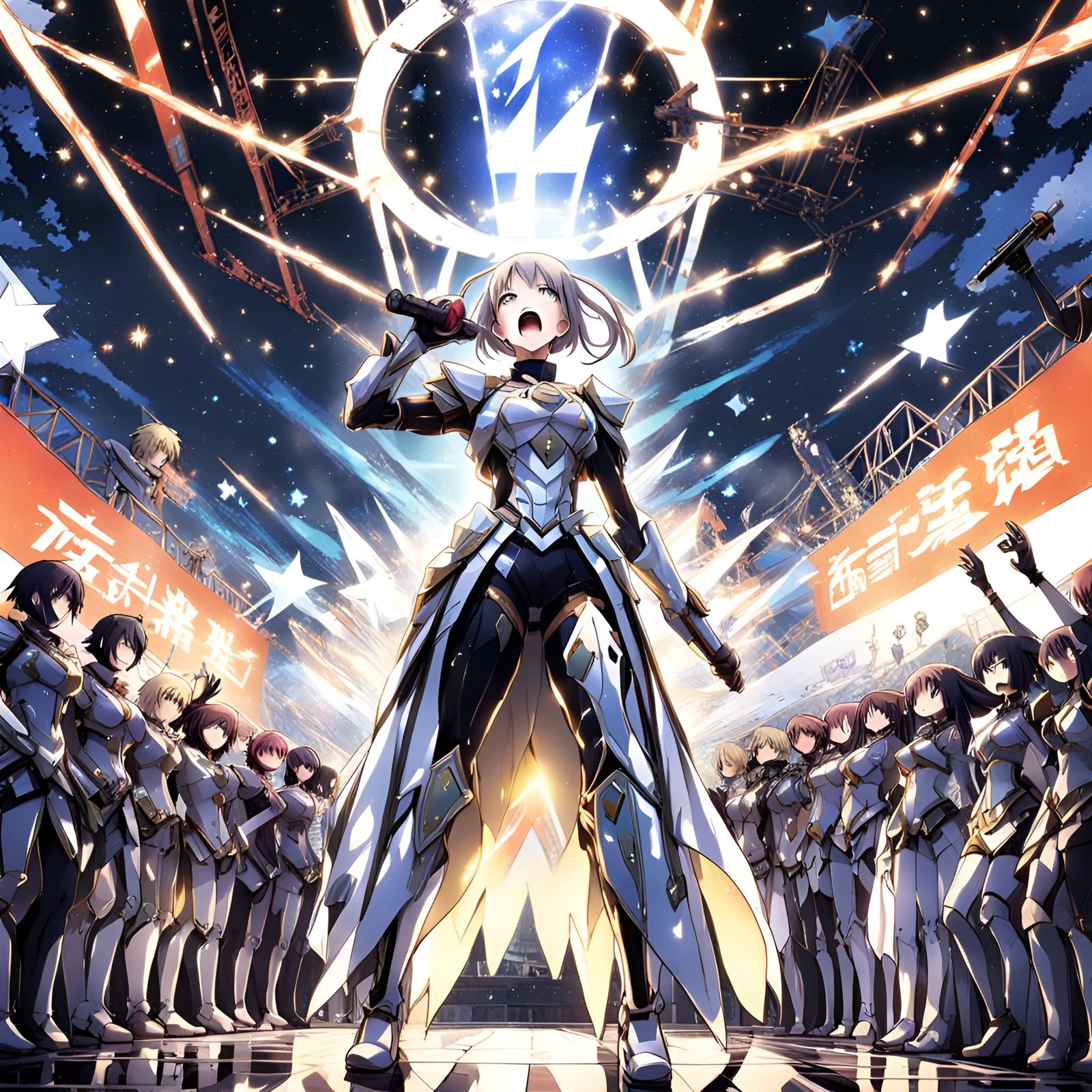 Mirrored Cyborg Yelling on Stage in Anime Style