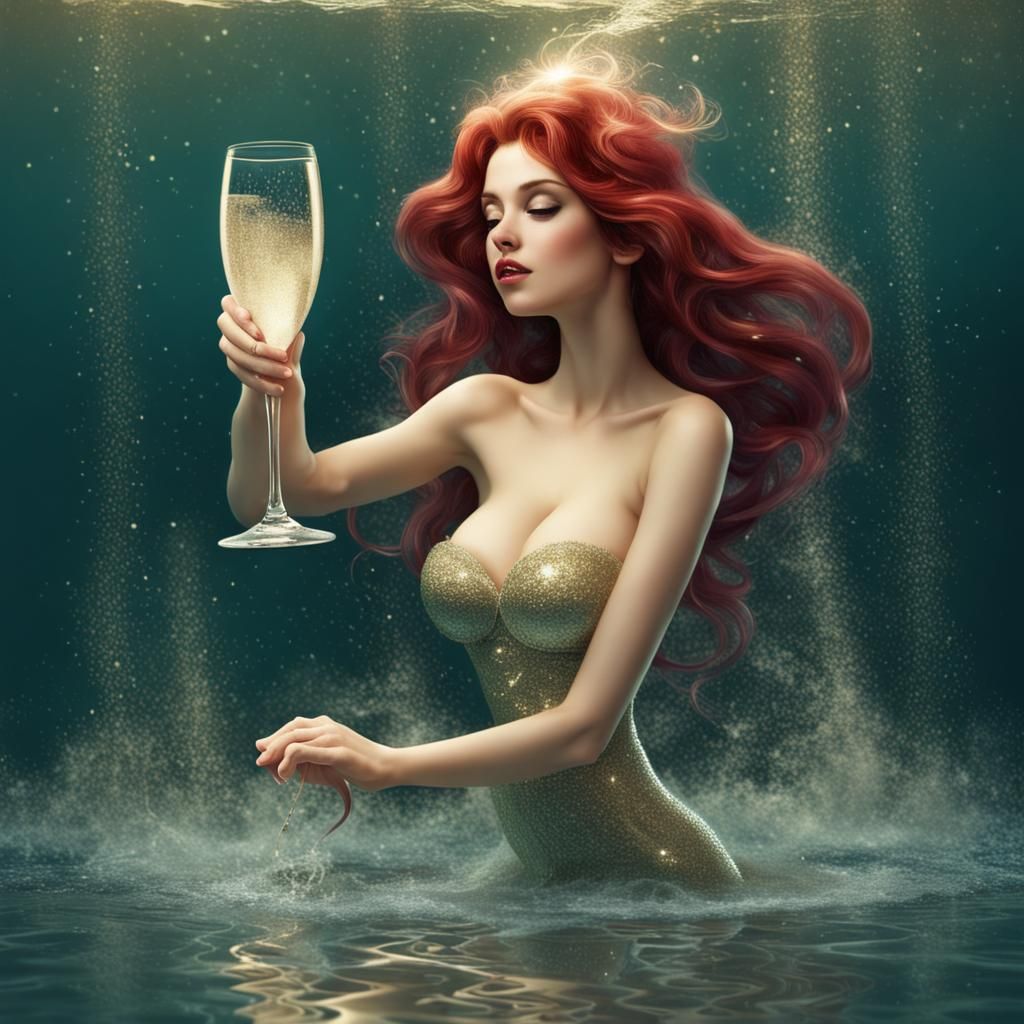 Surreal Mermaid Bathes in Champagne Glass