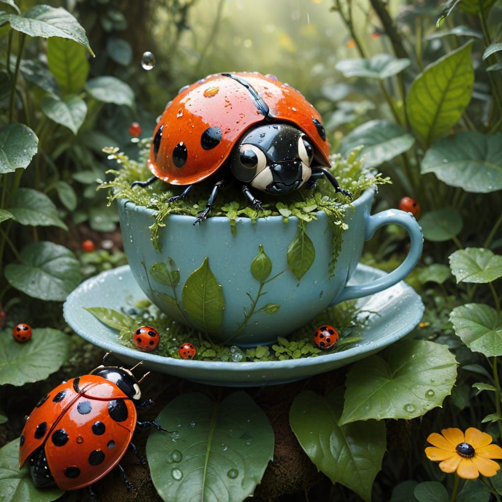 Teacup Adventurer in Overgrown Garden as Gouache Painting