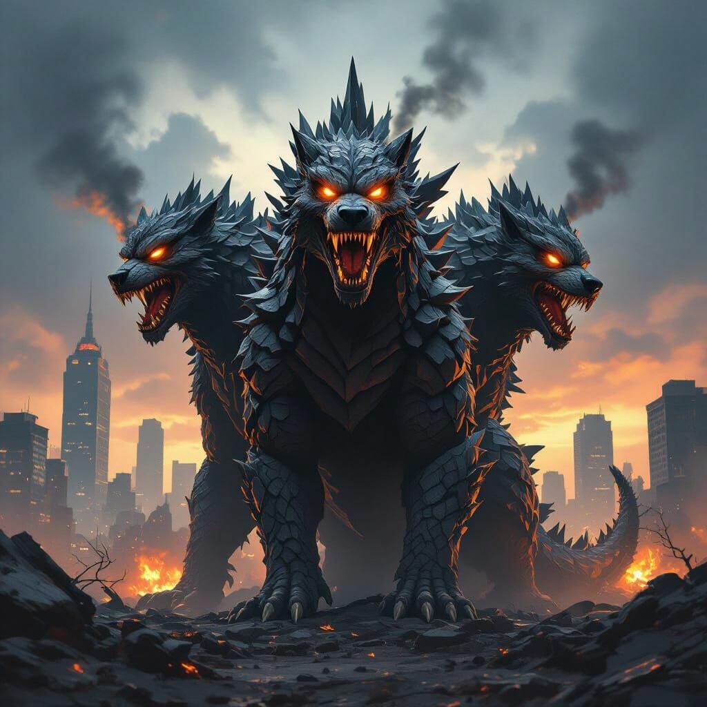 Three-Headed Godzilla Dog in Destroyed City