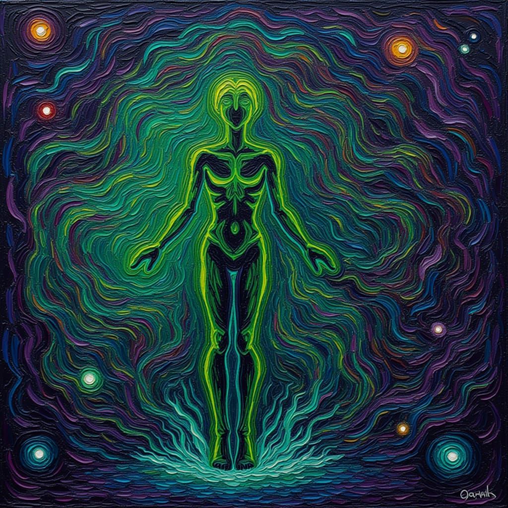 Psychedelic Woman with Long Hair in Neon Glow