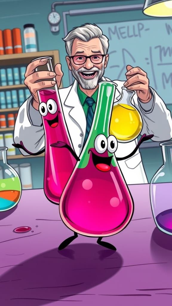 Whimsical Lab Scene with Happy Professor and Cartoon Flasks