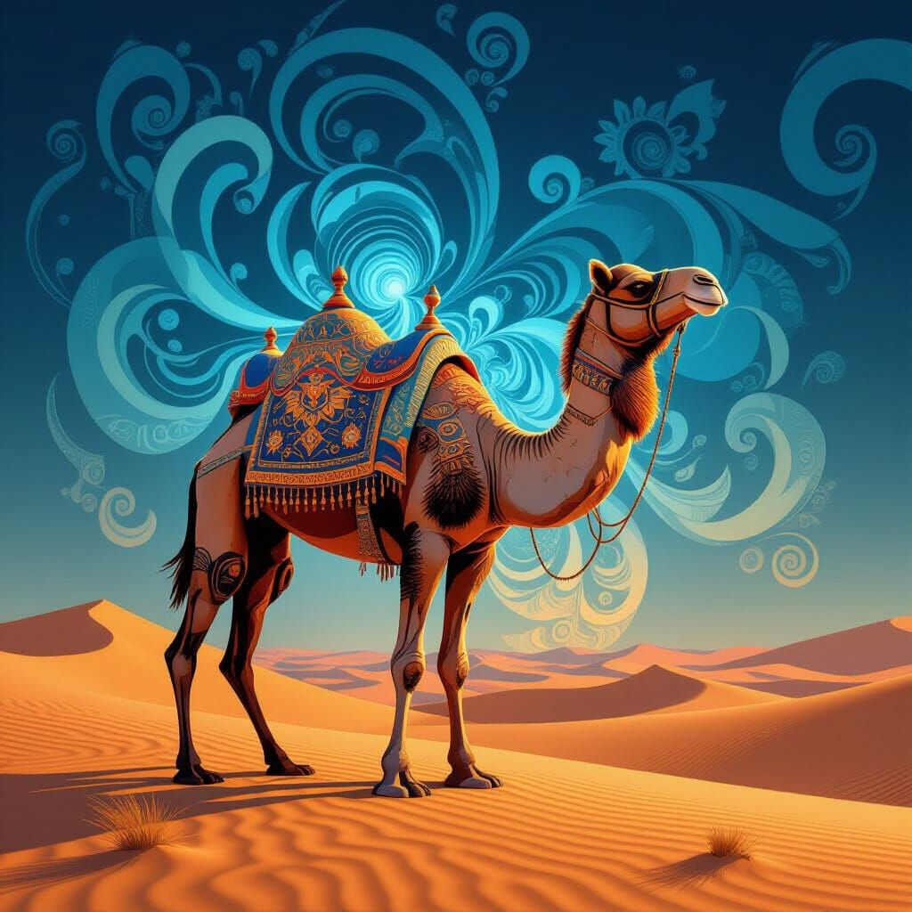 Regal Camel with Fractal Patterns in Ethereal Glow