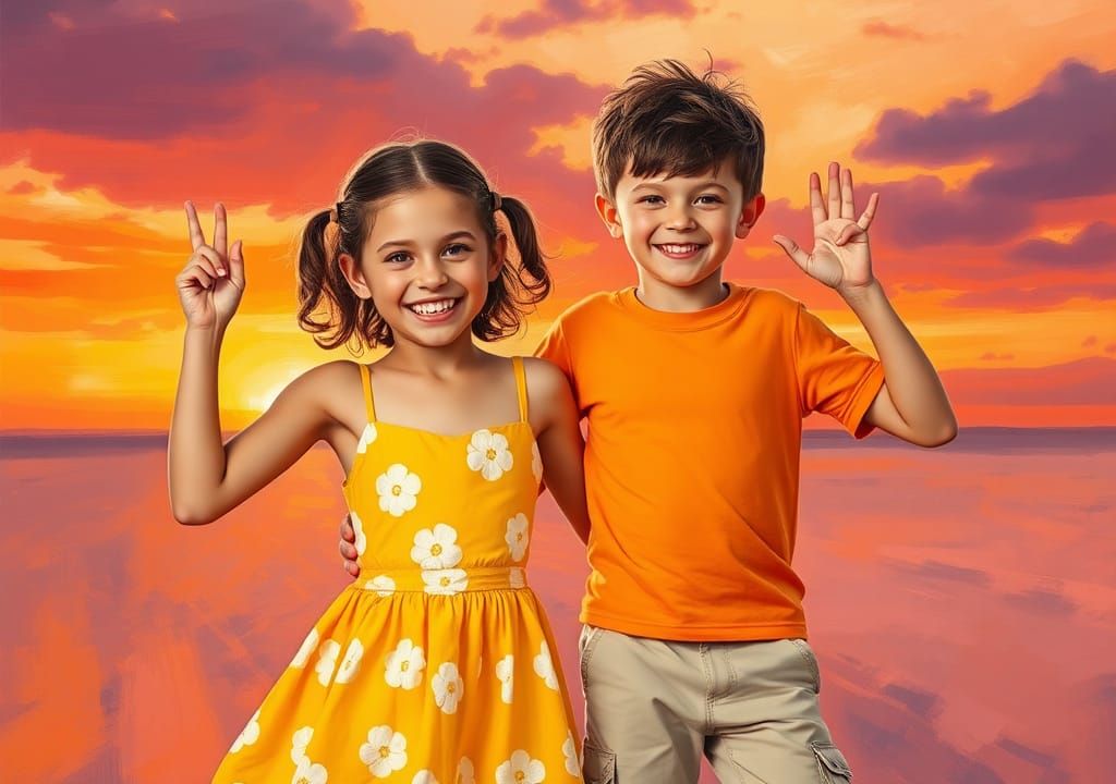 Joyful Children in Sunset, Impressionistic Style