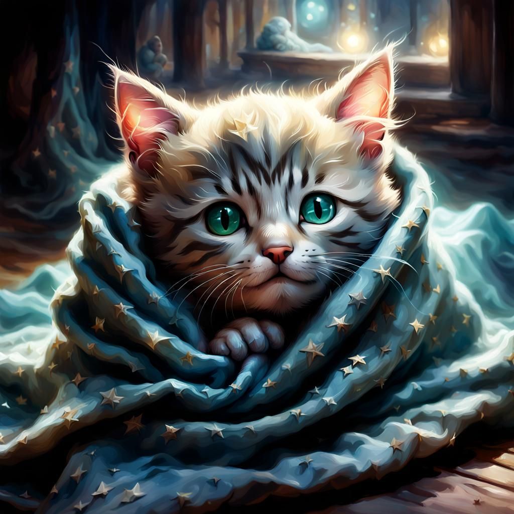 Cute Kitten Sleeping in Blanket Portrait
