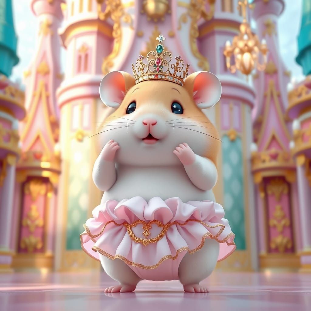 Glamorous Hamster Queen in 3D Anime Style Castle