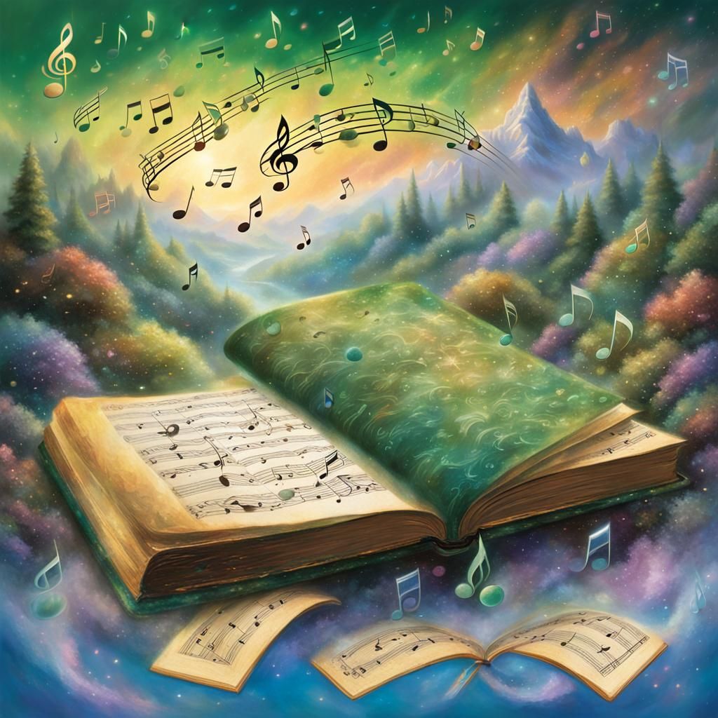 Animated Book Cover with Musical Notes, Fantasy Style