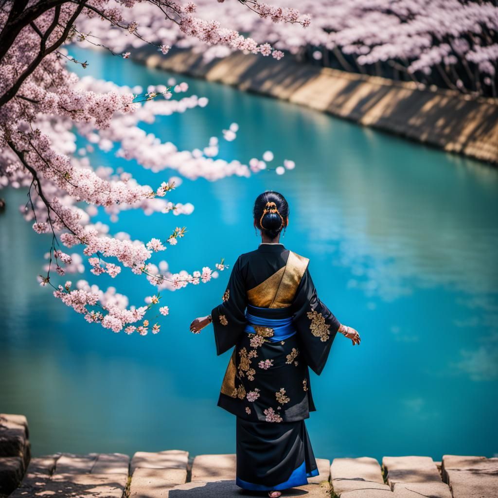 Sakura River Scene with Women in Traditional Dress