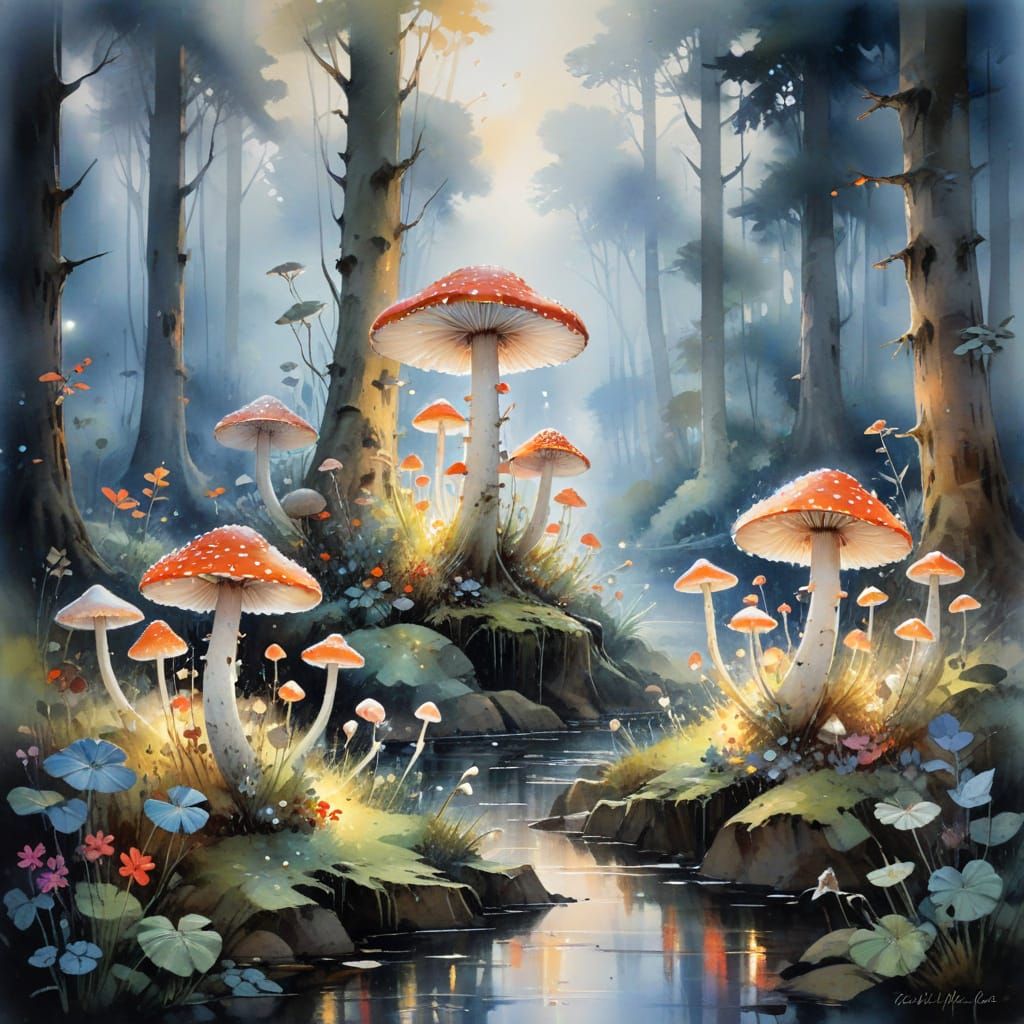 Mystical Forest with Luminescent Mushrooms and Ethereal Glow...