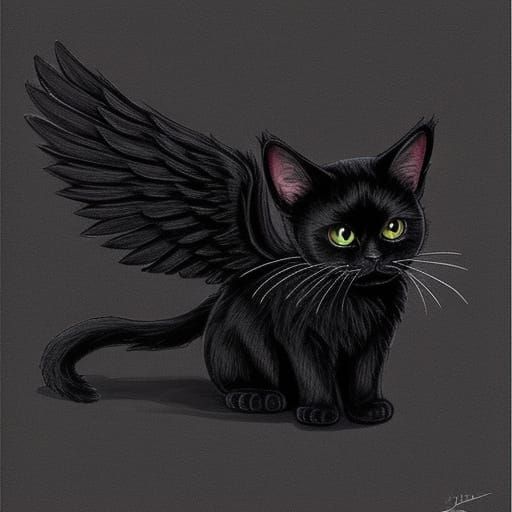 Whimsical Black Cat with Wings in Doodle Style