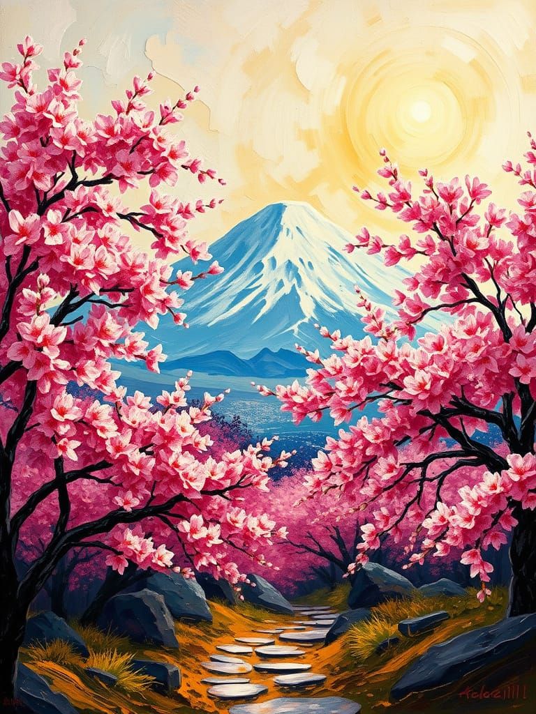 Majestic Mount Fuji in Vibrant Cherry Blossom Landscape