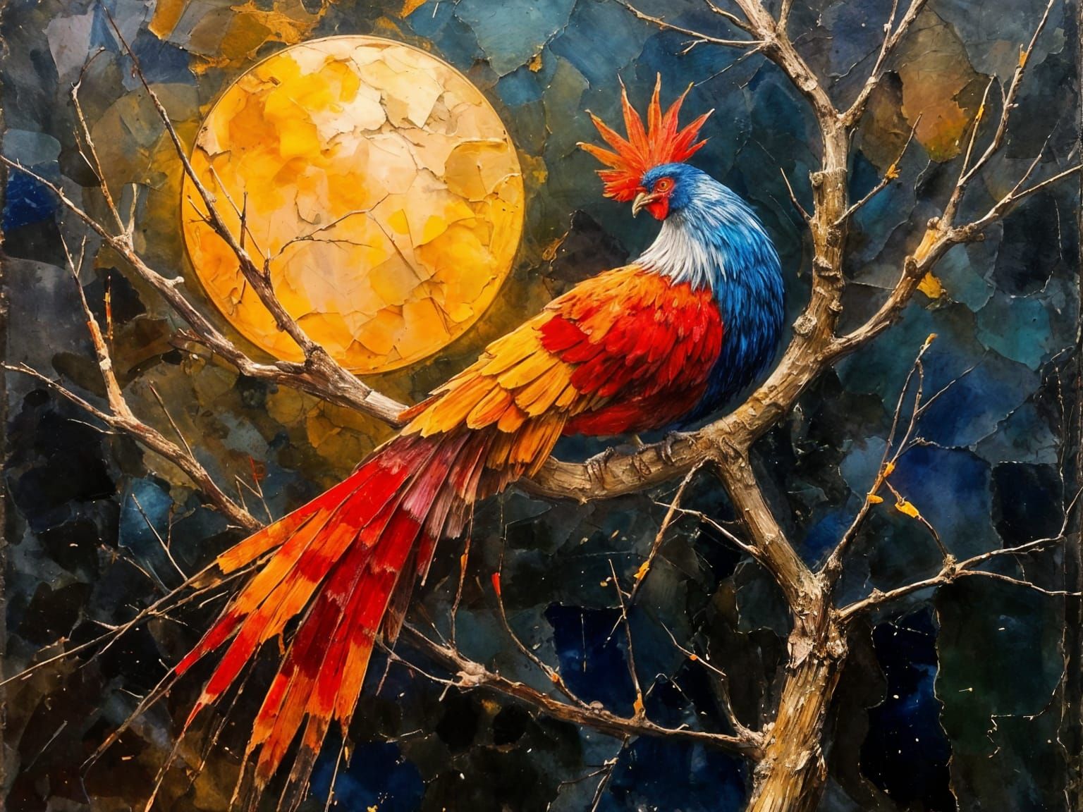Red Junglefowl in Layered Paper Sculpture with Moon