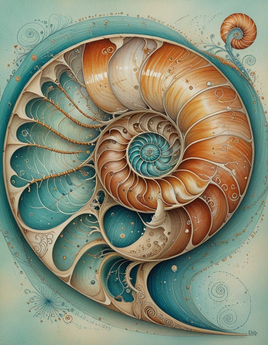 A Nautilus Shell in Vibrant Fibonacci Spiral