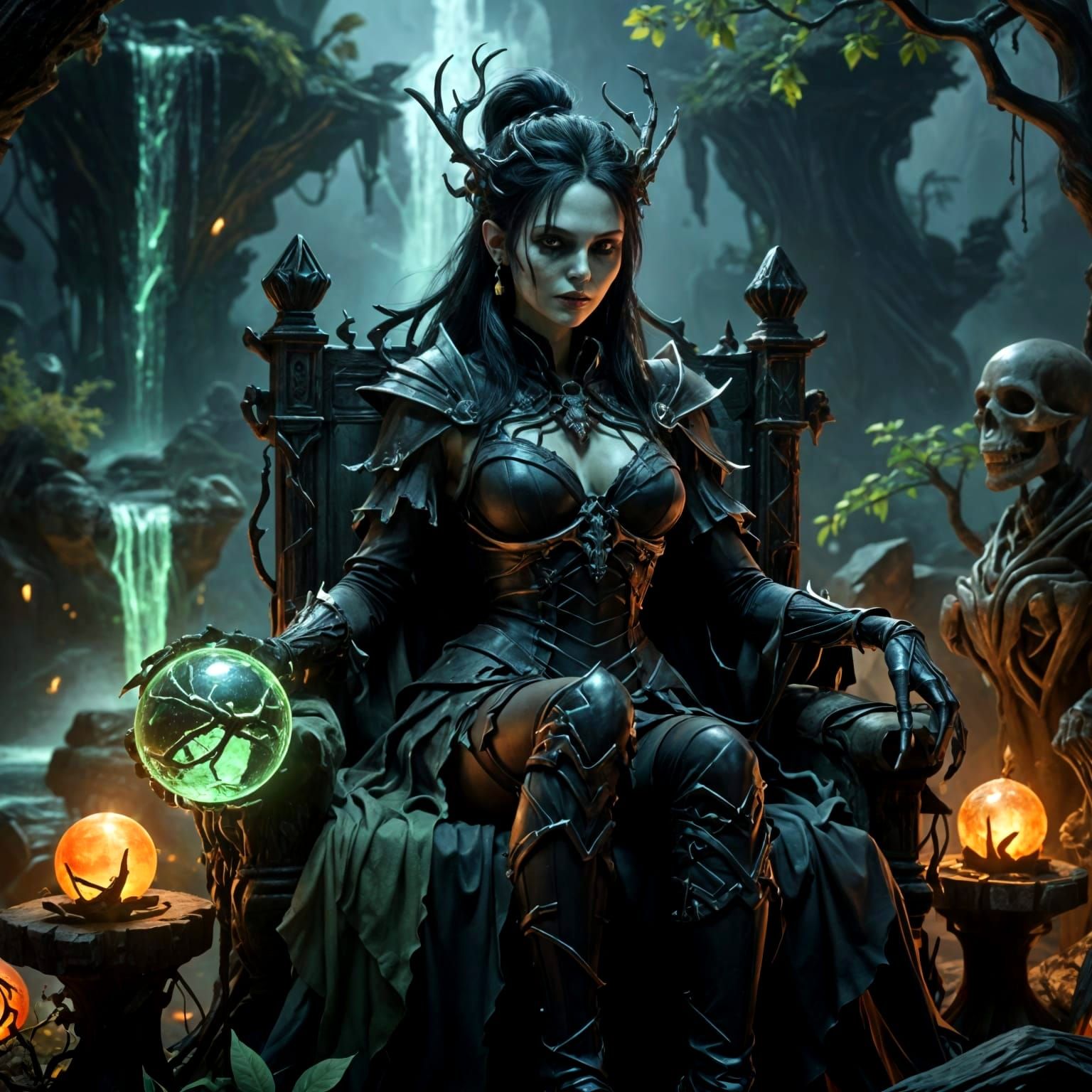 Skeletal Runesmith Witch on Straw Throne with Glowing Orb