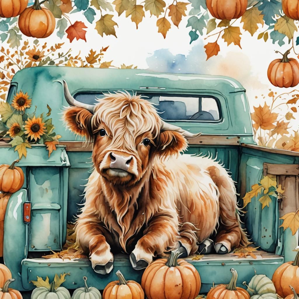 Watercolor Baby Highland Cow with Pumpkins