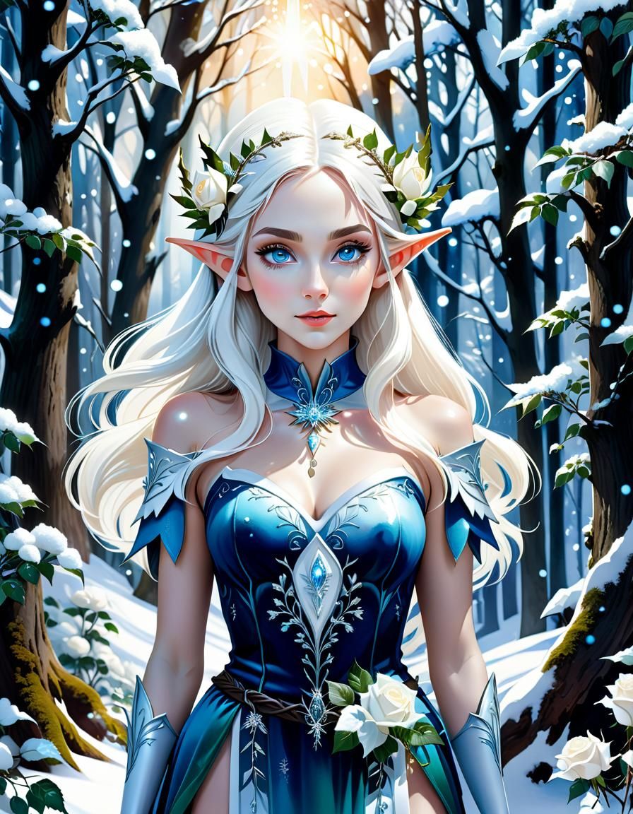 Beautiful Snow Elf in Winter Forest Watercolor