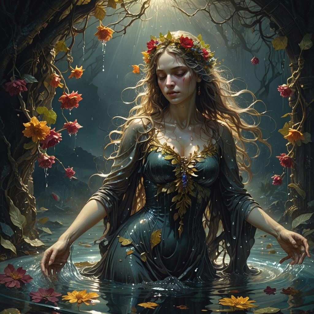 Vibrant Spring Goddess Emerging from Crystal Waters
