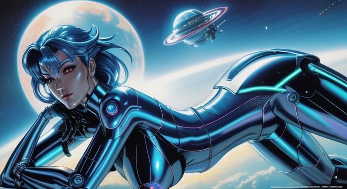 Sorayama-Inspired Chrome Robot Girl in Cyberpunk Landscape