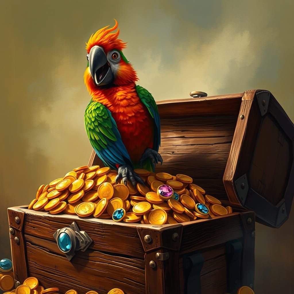 Mischievous Parrot Perched on Treasure Chest