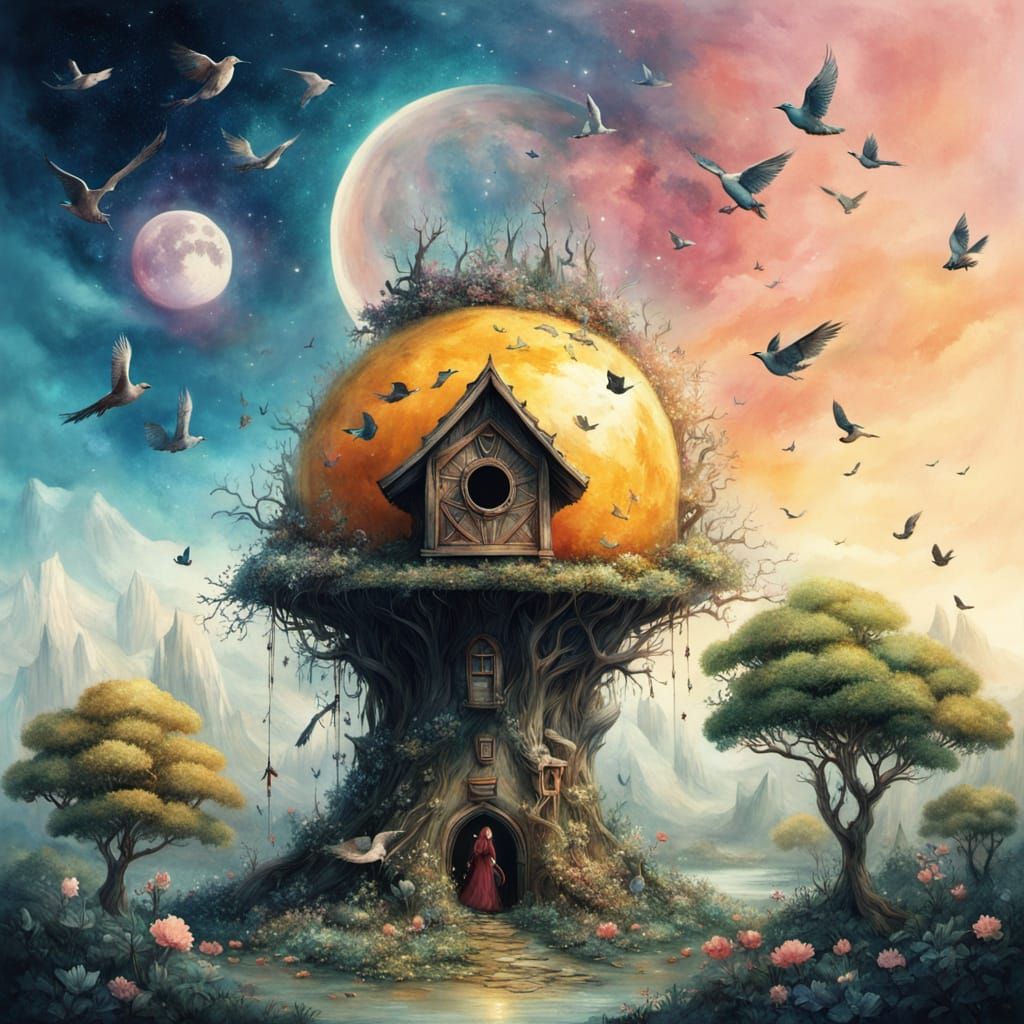 Anime Landscape with Sun and Moon Birdhouse