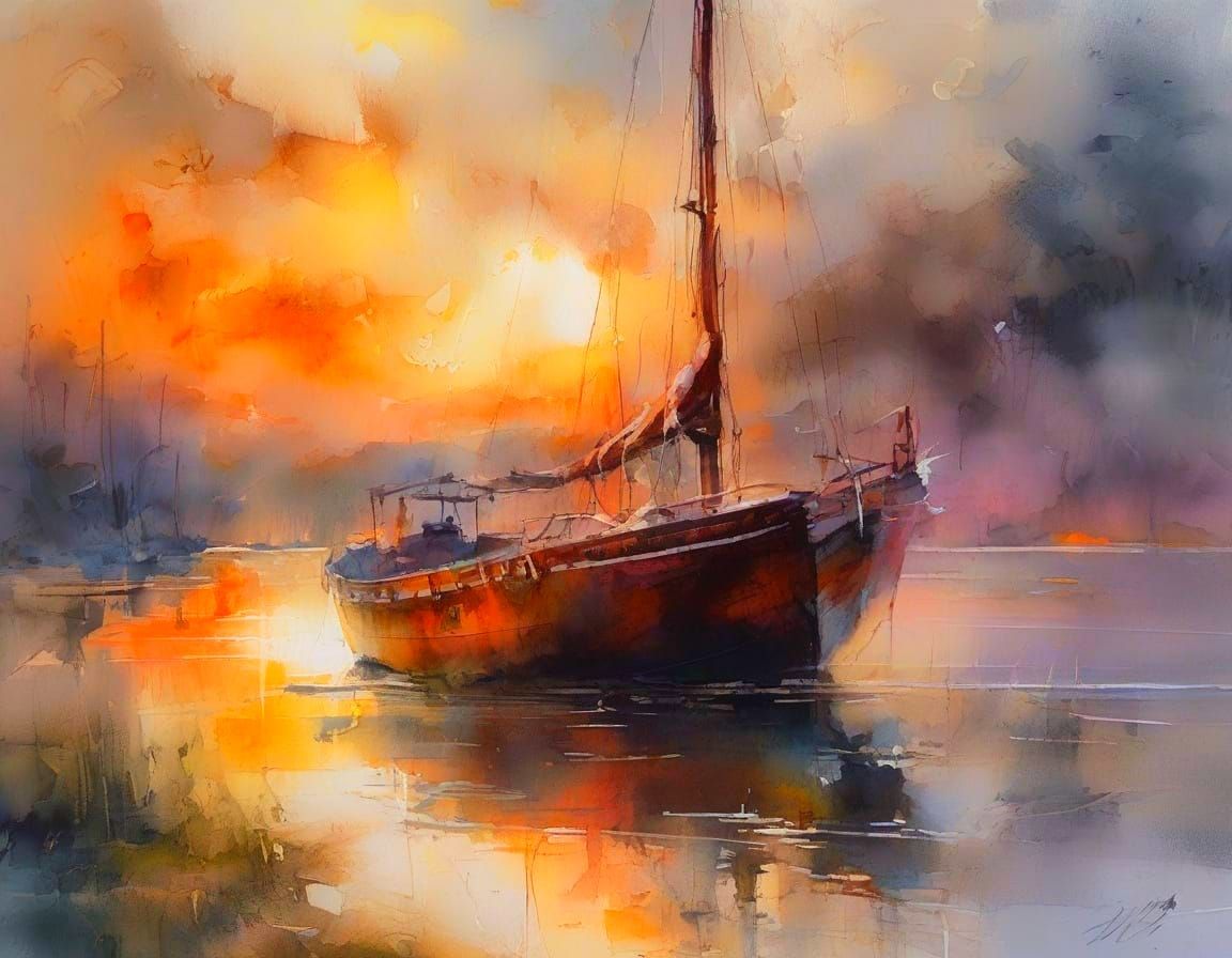 Old Sailing Boat at Sunset Harbor in Neo-Impressionist Style