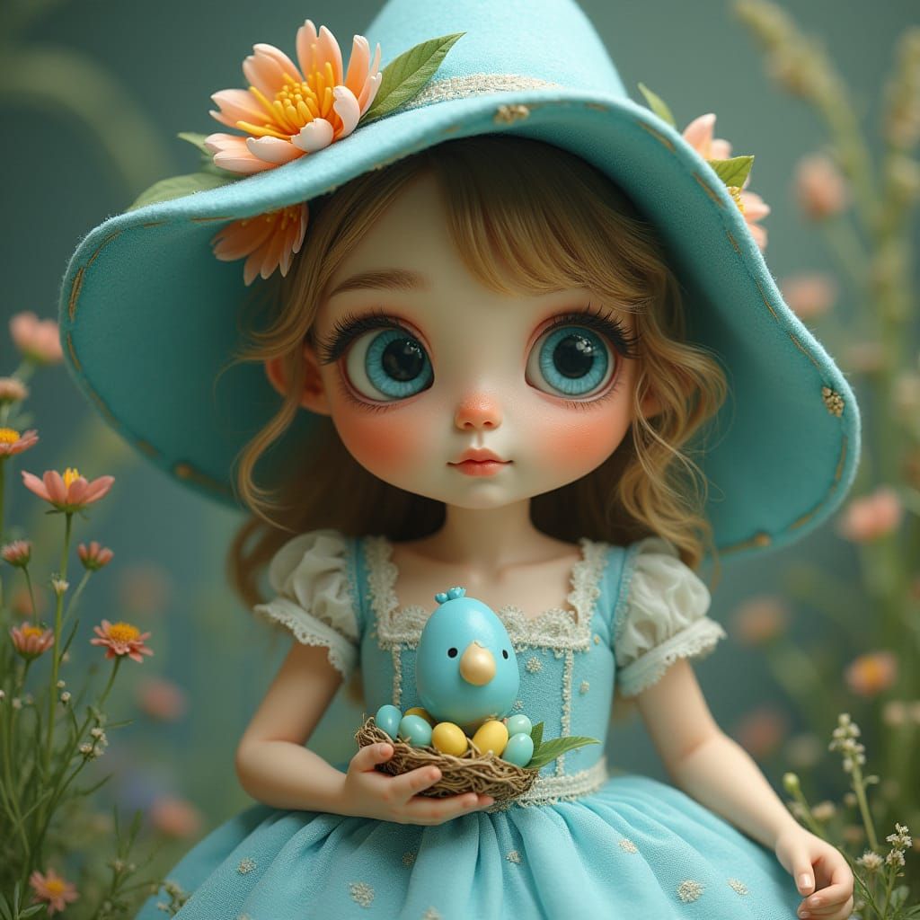 Spring Rabbit in Easter Dress with Floral Touches