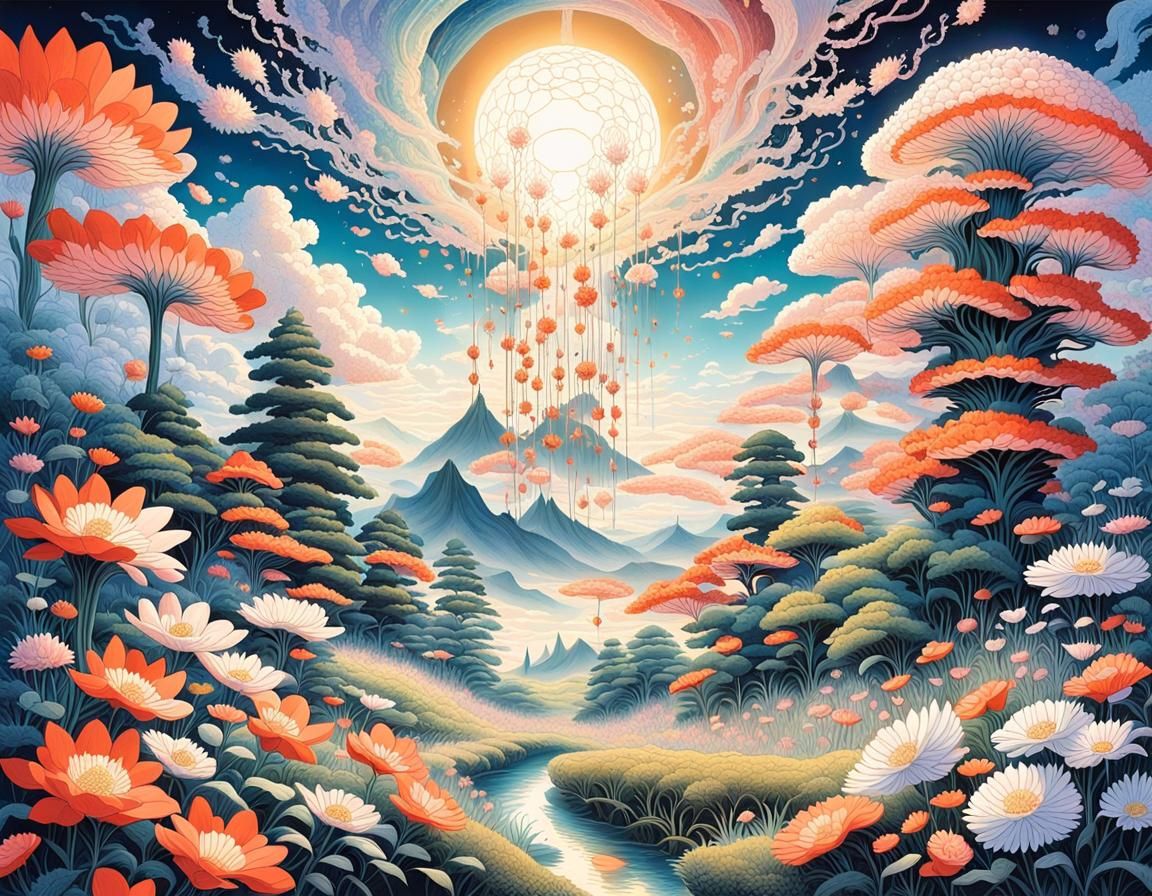 Ethereal Landscape with Lace Flowers in Amano Style