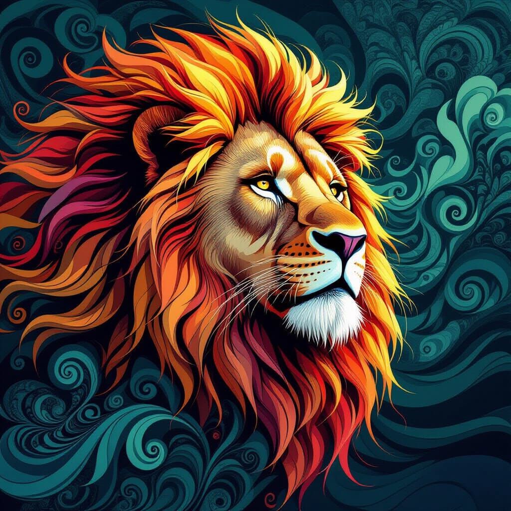 Abstract Fractal Lion in Escher-Inspired Vector Art