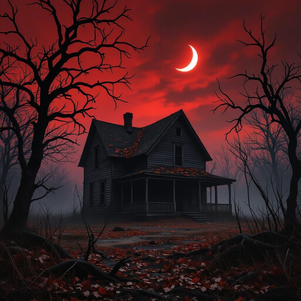 Eerie Abandoned Village at Night in Photorealistic Style