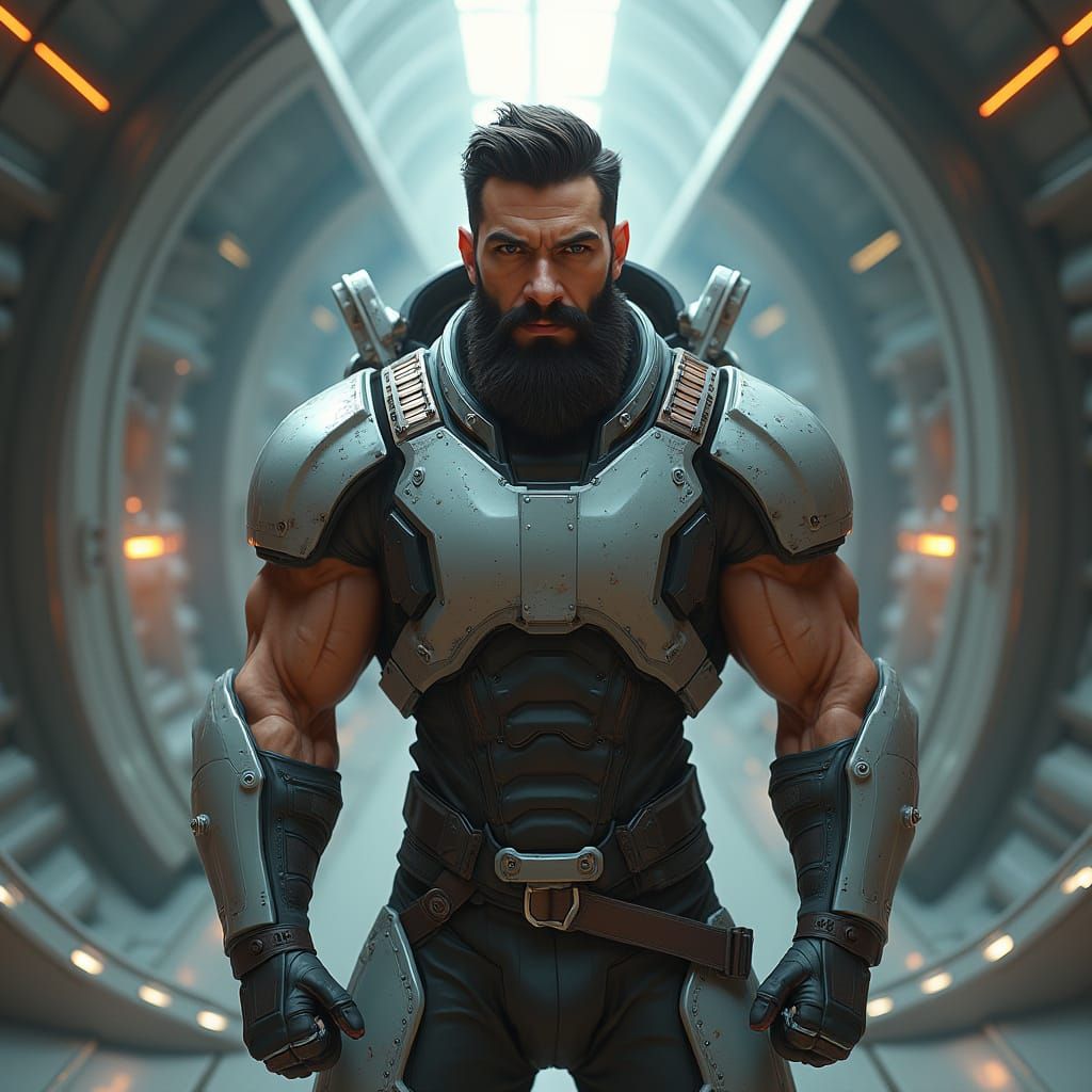 Heroic Space Station Guardian in Cyberpunk Style