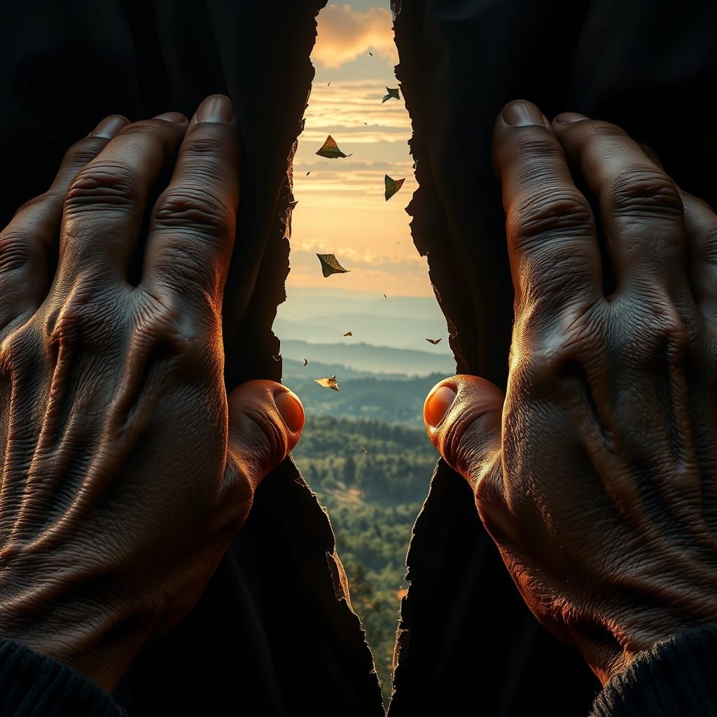 Weathered Hands Tear Apart Reality's Fabric