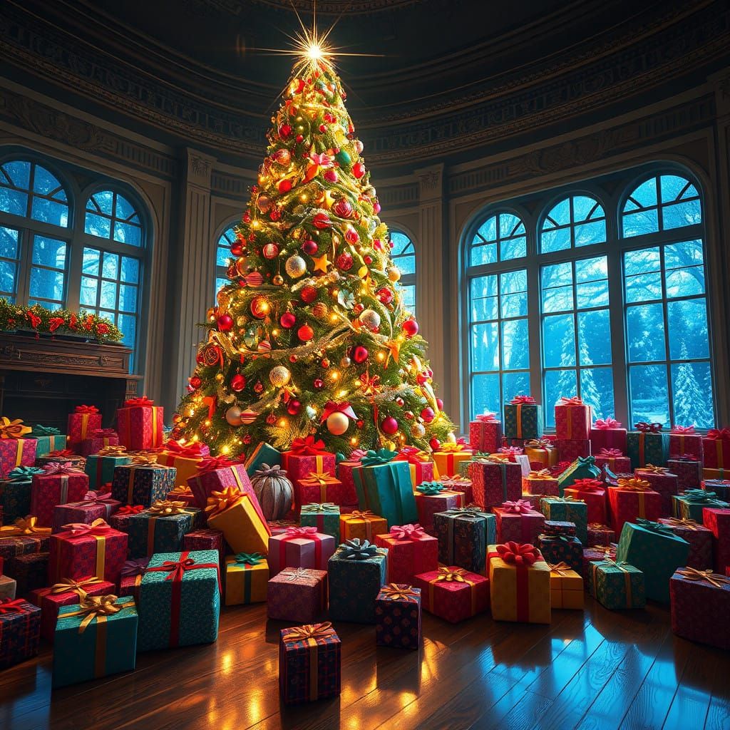 Fantasy Christmas Tree with Presents in Vibrant, Ornate Styl...