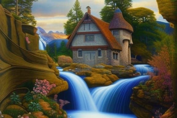 Stone Cottage with Waterfalls: Photorealistic Golden Hour Sc...