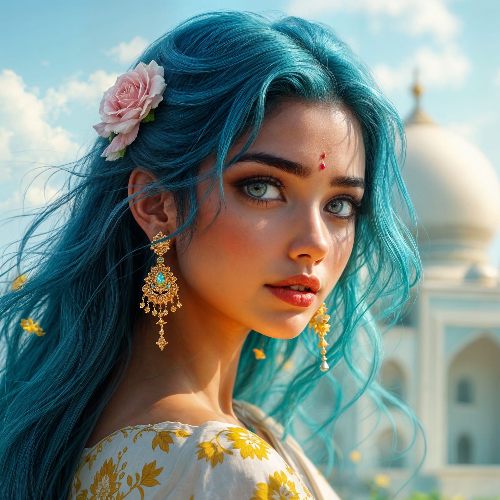 Sad Indian Princess in 8K Anime Style with Taj Mahal Backgro...