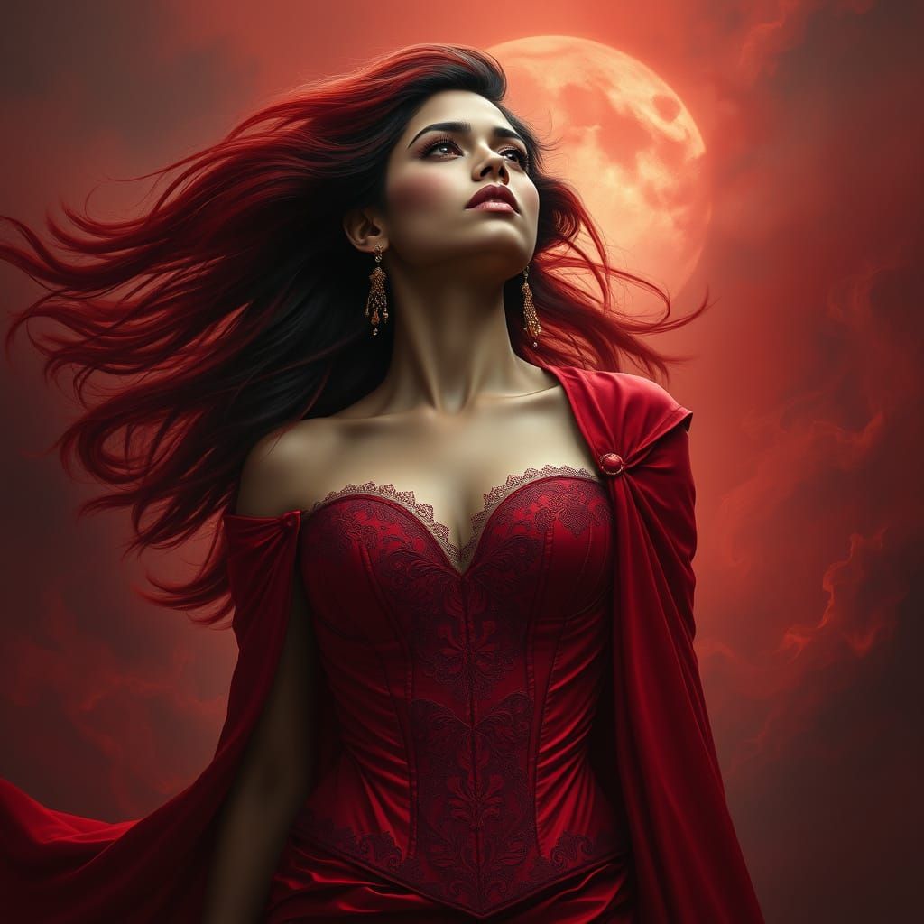 Sensual Dark Fantasy Goddess in Crimson Corset