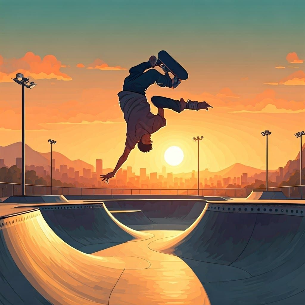 Vibrant Cartoon Skateboarder in Mid-Air Flight