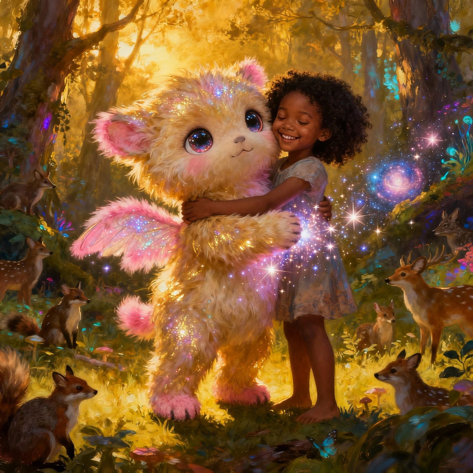 Cute Magical Creature Hugged by Child in Enchanted Forest