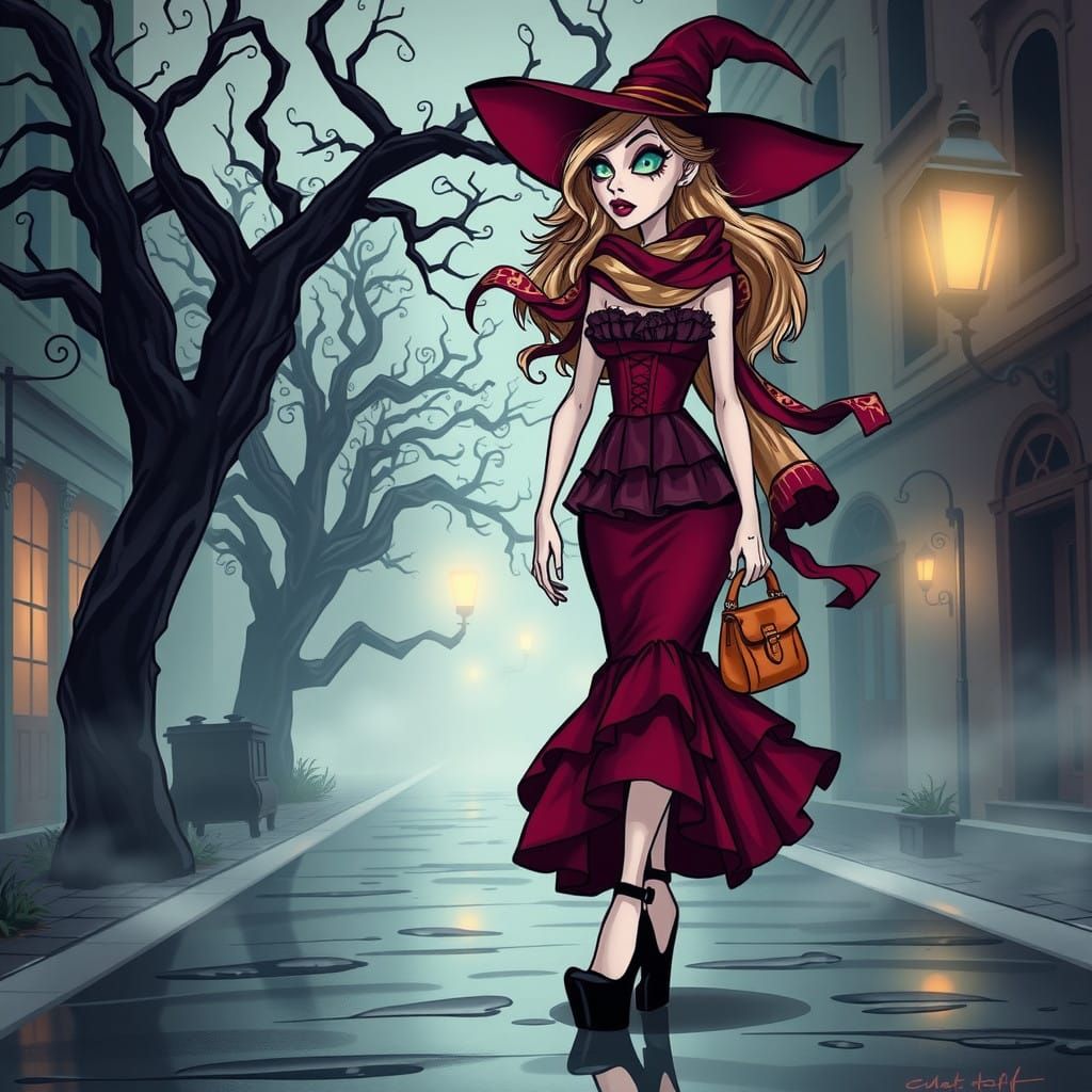 Sultry Witch Struts Down Dark Alleyway in Embellished Burgun...