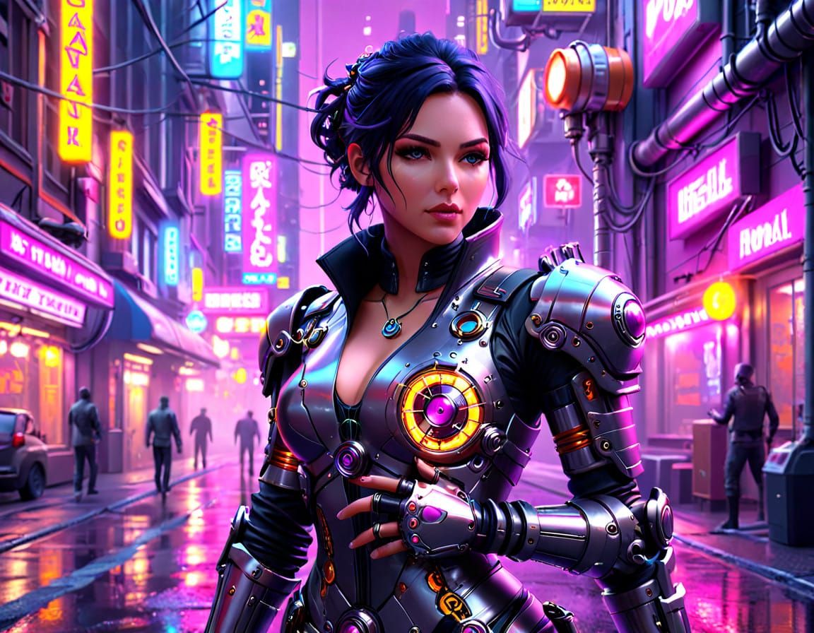 Cyberpunk Visionary with Steampunk Prosthetic Arm in Dystopi...