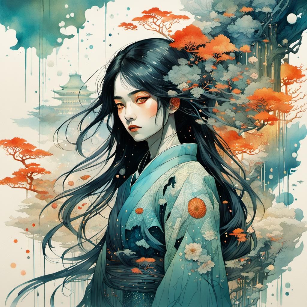 Japanese Military School Girl in Watercolor Graffiti Art